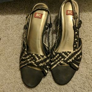 brown and gold braided wedges